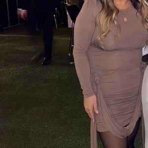 Beige long sleeve mini dress, floral detail